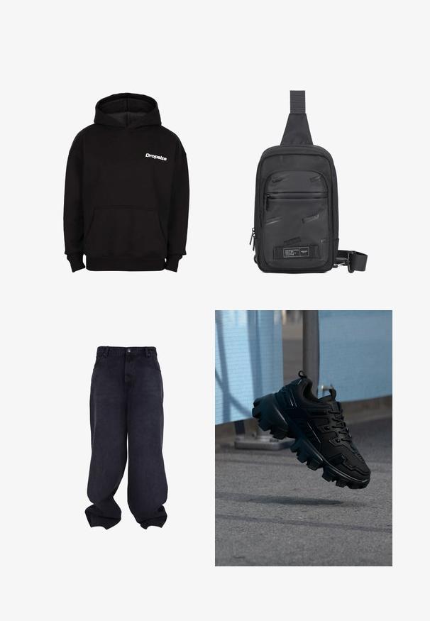 Zwarte hoodie met een voorzak en een wit "Dropsize" logo op de linkerkant van de borst.; Zwarte oversized baggy jeans met knoop- en ritssluiting aan de voorkant, voorzakken en losse, brede pijpen.; Zwarte chunky sneaker met dikke profielzool die boven een grijze stoep zweeft, tegen een wazige lichtblauwe en grijze achtergrond.; Zwarte schoudertas gemaakt van duurzaam materiaal, met een gladde voorpaneel met reliëflogo's, een verstelbare schouderband en ritssluitingen.