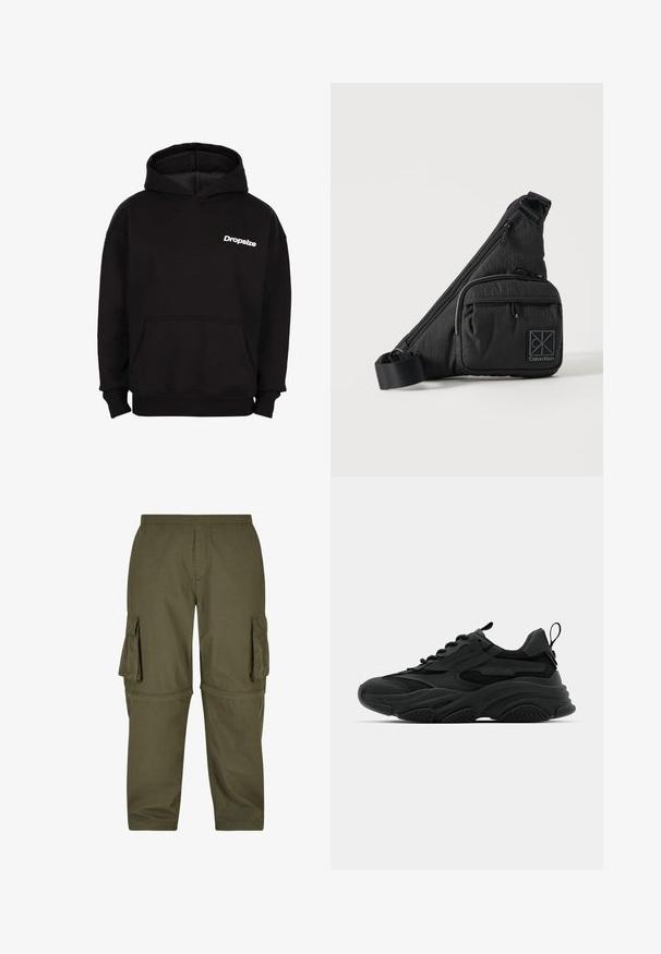 Schwarzer Kapuzenpullover mit Fronttasche und weißem "Dropsize"-Logo auf der linken Brust.; Olivgrüne Cargo-Hosen aus leichtem Material, mit mehreren Seitentaschen, einem elastischen Bund und einem geraden Schnitt.; Schwarze Sportschuhe mit einer dicken Sohle, Mesh-Einsätzen und Gummidetails. Verfügen über eine Zuglasche an der Ferse und strukturierte Muster.; Schwarze Calvin Klein Umhängetasche mit verstellbarem Riemen, vorderer Reißverschlusstasche und dezentem Logo-Muster auf schlichtem Hintergrund.