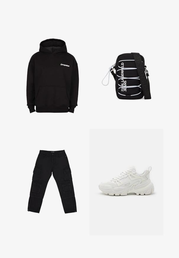 Sudadera con capucha negra, con bolsillo frontal y logo blanco "Dropsize" en el lado izquierdo del pecho.; Pantalones cargo negros hechos de tela duradera, con múltiples bolsillos cargo, tobillos con cremallera y piernas rectas con sutiles detalles de costura.; Zapatillas deportivas blancas con un upper texturizado, paneles de malla, suela de goma prominente y recortes decorativos en los laterales.; Bolso negro de bandolera con cordones elásticos blancos, herrajes plateados y texto "KARL LAGERFELD JEANS" en blanco en el frente, con una correa ancha negra.