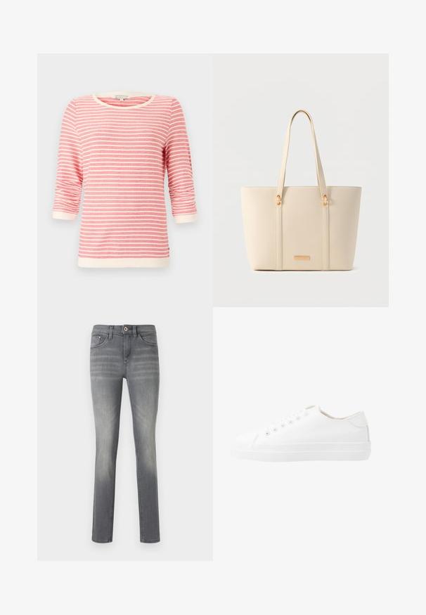 Dreiviertel-Ärmel-Top in Koralle mit weißen horizontalen Streifen. Es hat einen gerippten Kragen und Bündchen, einen weichen Stoff und eine lockere Passform.; Graue Denim-Jeans im Slim-Fit, mit einem ausgewaschenen Look, fünf Taschen, einem Knopfverschluss und dezenten Nähdetails.; Weiße Leinenschuhe mit niedrigem Schnitt, runder Zehenpartie, sechs Ösen und einer strukturierten Gummisohle. Glattes Material mit minimalen Akzenten.; Cremefarbene, strukturierte Tragetasche mit langen Griffen und goldfarbenen Metallapplikationen vor neutralem Hintergrund.