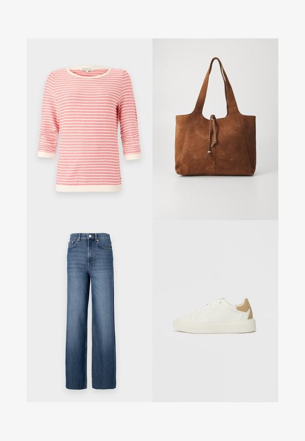 Coralfarvet top med trekvartærmer og hvide vandrette striber. Har en ribbet halsudskæring og manchetter, blødt stof og en afslappet pasform.; Blå denimjeans med høj talje og vidde ben. Har et klassisk fem-lomme design og metal knapdetaljer.; Hvide lavtop sneakers med beige ruskindshæl, snørebåndslukning og perforerede side detaljer, vist fra ydersiden.; Brun ruskinds tote bag med to lange håndtag, snøre lukning og glat tekstur. Har et enkelt design og minimale accenter.