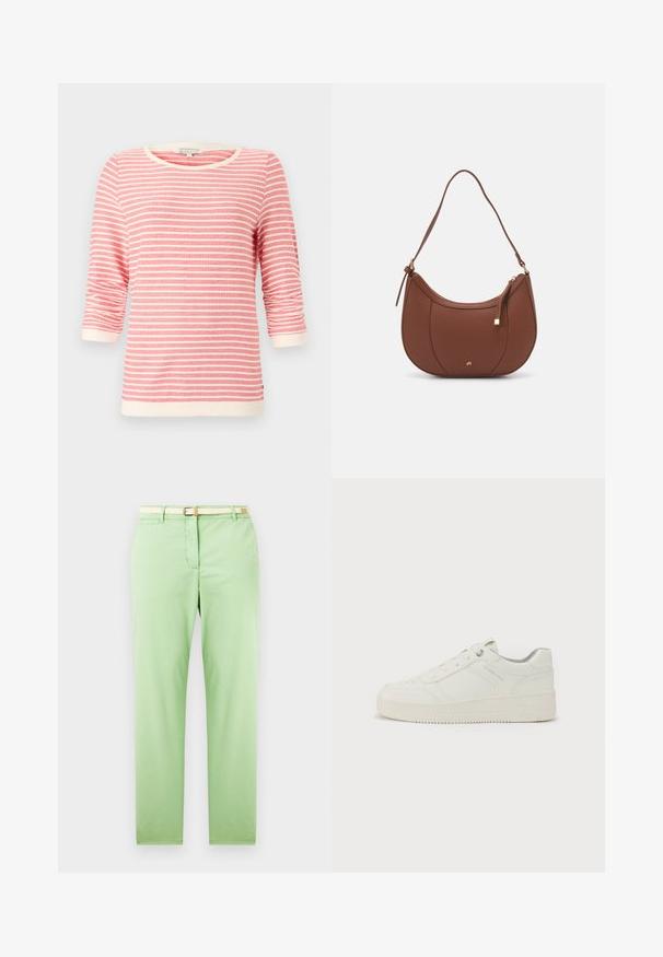 Camiseta de tres cuartos de manga en color coral con rayas horizontales blancas. Presenta un cuello y puños acanalados, tejido suave y un corte holgado.; Pantalones de algodón verde claro con un corte recto, que cuentan con un cinturón tejido beige, un bolsillo delantero y sin patrones visibles ni embellishments.; Zapatilla blanca con un exterior de cuero liso, punta redonda, seis ojales, cuello acolchado y suela de goma texturizada. Logo de la marca sutil en el lateral.; Bolso de hombro de imitación cuero marrón con forma curva, costura mínima y un acento de hardware en tono dorado. Presenta un cierre de cremallera en la parte superior y una correa ajustable.