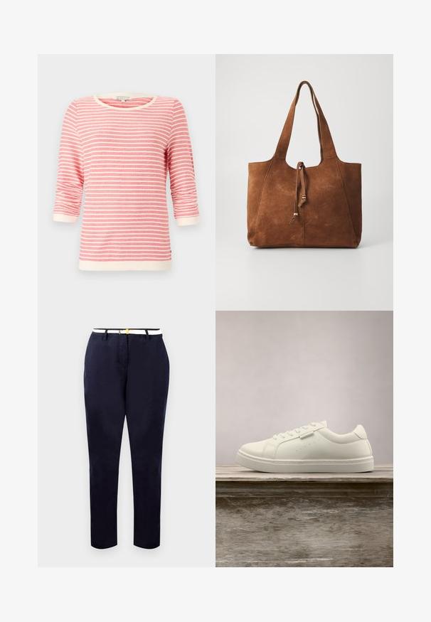 Camiseta de tres cuartos de manga en color coral con rayas horizontales blancas. Presenta un cuello y puños acanalados, tejido suave y un corte holgado.; Chinos navy de corte slim, fabricados en algodón, con un cinturón blanco que presenta una hebilla en tono dorado. Textura suave, piernas rectas, diseño minimalista.; Zapatilla blanca de cuero con cordones flotando sobre un banco de madera, con hierba alta verde desenfocada al fondo en un entorno al aire libre.; Bolso tote de ante marrón con dos asas largas, cierre de cordón y textura suave. Presenta un diseño sencillo y acentos mínimos.