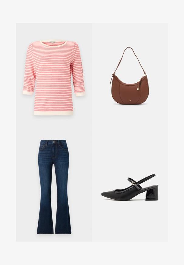 Driekwartmouwen top in koraal met witte horizontale strepen. Beschikt over een geribde hals en manchetten, zacht materiaal en een ontspannen pasvorm.; TOM TAILOR STELLA donkerblauw denim; Zwarte gepolijste leren slingback hakken met een spitse neus, een ronde uitsnede en een blokhak. Voorzien van een gouden gespaccent.; Bruine faux leren schoudertas met een gebogen vorm, minimale stiksels en een gouden hardware-accent. Voorzien van een bovenste ritsluiting en een verstelbare schouderband.