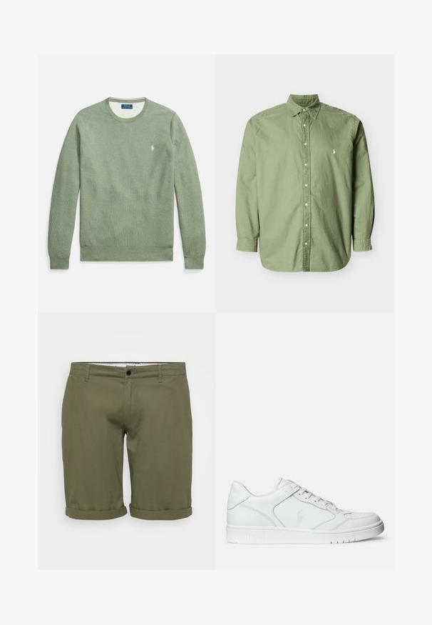 Pull vert à col rond en tissu texturé. Présente des poignets et un ourlet côtelés, avec un petit logo sur la poitrine. Design et coupe simples.; Chemise à manches longues vert olive avec boutons, col boutonné et petit logo blanc brodé sur la poitrine gauche.; Shorts vert olive avec une texture lisse, ourlets retroussés, bouton à la taille avant et poches latérales. Design simple et ajusté pour un look décontracté.; Baskets en cuir blanc avec une texture lisse, présentant un bout perforé, un système de laçage et un logo brodé sur le côté. Semelle en caoutchouc blanc.