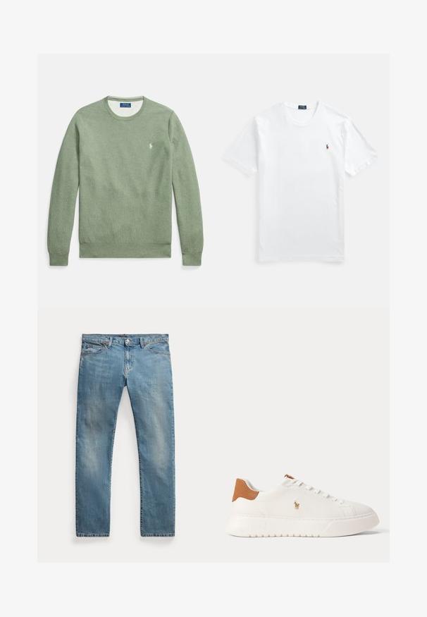 Grüner Pullover mit Rundhalsausschnitt aus strukturiertem Stoff. Verfügt über gerippte Bündchen und Saum sowie ein kleines Logo auf der Brust. Schlichtes Design und Schnitt.; Weißes Baumwoll-T-Shirt mit Rundhalsausschnitt und kurzen Ärmeln, versehen mit einem kleinen, farbenfrohen Sticklogo auf der linken Brust. Glatte Textur, klassischer Schnitt.; Hellblaue Jeans mit geradem Bein, Fronttaschen, Gürtelschlaufen, Knopfverschluss und leicht ausgewaschenen Details.; Weißer Sneaker mit niedrigem Schaft, beige Fersenlasche, weißen Schnürsenkeln und kleinem, besticktem Polospieler-Logo an der Seite über einer dicken Sohle.