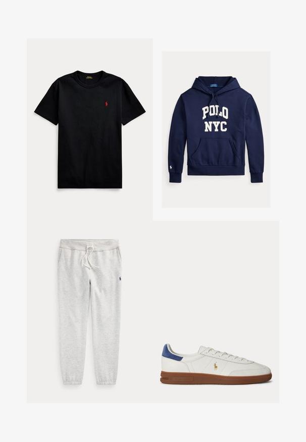Navyblaue Kapuzenjacke aus Baumwollmischung, mit vorderer Kängurutasche, verstellbarer Kapuze und weißer Aufschrift "POLO NYC". Kleines Logo auf dem Ärmel.; Schwarzes Baumwoll-T-Shirt mit kurzen Ärmeln, Rundhalsausschnitt und kleinem roten gestickten Logo auf der linken Brust. Glatte Textur, lässiges Design.; Hellgraue Jogginghose mit elastischen Bündchen, Kordelzugbund, Seitentaschen und kleinem dunklem Logo am oberen linken Oberschenkel.; Weißer Low-Top Sneaker mit brauner Sohle, blauem Fersenlasche, Schnürsenkeln und goldenem Polo Ralph Lauren Logo an der Seite.