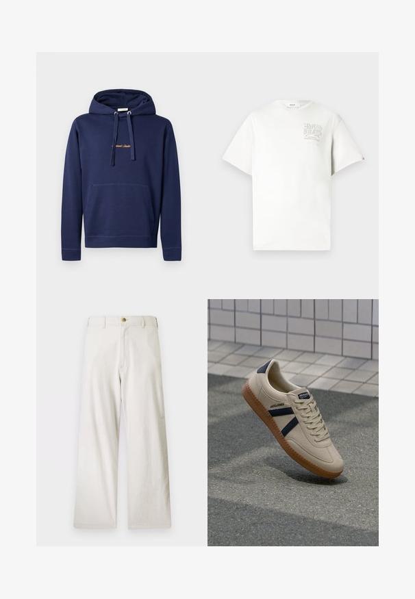 Sudadera azul marina de algodón con un bolsillo tipo canguro, capucha con cordón y texto bordado en el pecho. Diseño simple con puños acanalados.; Camiseta de algodón blanca con mangas cortas, que presenta un logo impreso en gris en el lado izquierdo del pecho. Cuello redondo, corte relajado y toques mínimos.; Pantalones de pierna ancha beige fabricados en algodón, con cremallera y cierre de un botón. Cuenta con bolsillos frontales y un acabado de tela texturizada.; Zapatilla beige con acabado texturizado, rayas azul marino y suela de goma. Presenta una lengüeta acolchada y un sistema de cordones tradicional para un ajuste seguro.