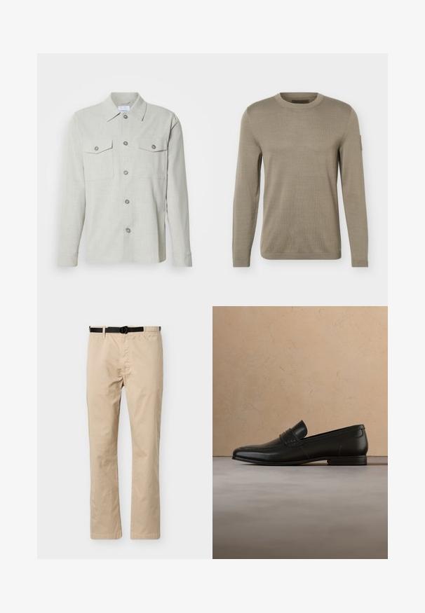 Pull beige en maille à manches longues avec col rond, poignets et ourlet côtelés, comportant un petit patch sur la partie supérieure de la manche gauche.; Chemise boutonnée gris clair, en tissu texturé, avec un col, deux poches poitrine et cinq boutons sur le devant.; Pantalon beige à jambes droites avec ceinture noire ajustable, taille élastique d'un côté et couture décorative à l'avant.; Mocassin en cuir noir présenté en lévitation au-dessus d'un tapis beige avec un canapé beige en arrière-plan.