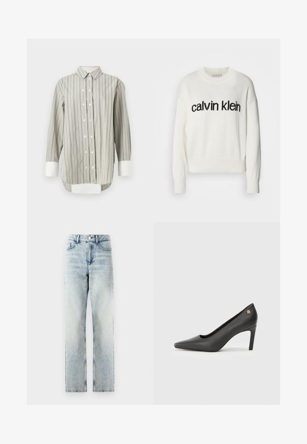 Valge kudum, millel on ümmargune kaelus ja pikad varrukad, ees must "calvin klein" logo. Pehme tekstuur, lühike lõige.; Hallitusseentee halli ja valge triibuline särk, millel on klassikaline krae, valgete nuppudega nööpide sulgemine ja kontrastsed valged mansetid. Pikad varrukad.; Heledad sinise värvi kõrge värvliga teksad. Sirge jalgadega disain kerge pleekimisega, viis taskut ja metallist nööbiga sulgemine.; Musta patendi nahast kõrge kontsaga king, mille terav nina ja väikene kullast logo aktsent kontsas. Sujuv tekstuur, voolujooneline disain.