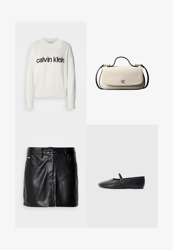 Witte gebreide trui met ronde hals en lange mouwen, voorzien van een zwart "calvin klein" logo over de borst. Zachte textuur, cropped snit.; Zwarte leren mini-rok met een op maat gemaakt ontwerp, voorzien van zijzakken, een knoopsluiting en een gladde textuur.; Zwarte leren balletschoenen met een spitse neus, platte zool en een kleine strap met een zilveren gespsluiting.; Crèmekleurige rechthoekige handtas met zwarte riem en handvat, voorflapsluiting en een klein zilverkleurig "cK"-logo in het midden van de voorkant.