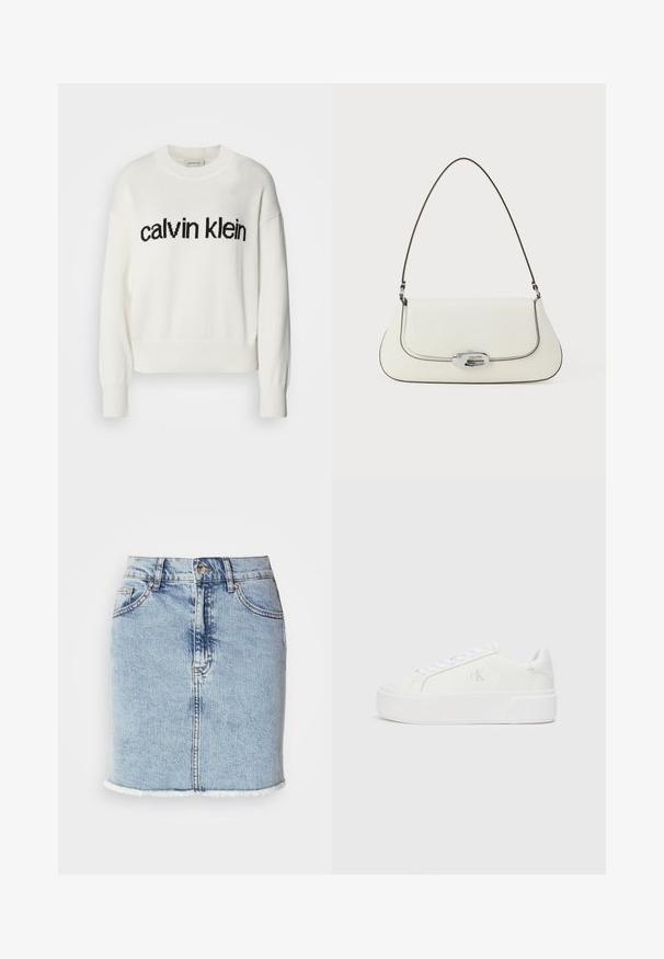 Valkoinen neulepaita, jossa on pyöreä pääntie ja pitkät hihat, ja jossa on musta "calvin klein" -logo rinnassa. Pehmeä rakenne, lyhyt malli.; Vaaleansininen farkkuhame suoralla leikkauksella, kuluneet reunat, viisi taskua ja etuprojektin nappikiinnitys. Pehmeä pinta vaalennetuin yksityiskohdin.; Valkoiset platform-kengät, joissa on sileä nahkainen päällinen, pyöreä kärki, valkoiset nauhat ja hillitty logo-yksityiskohta sivulla. Litteä kumipohja.; Valkoinen nahkalaukku, jossa on kaareva muotoilu, kontrastivärinen musta ompelu ja hopeinen kiinnityskohde, jossa on Calvin Kleinin logo.