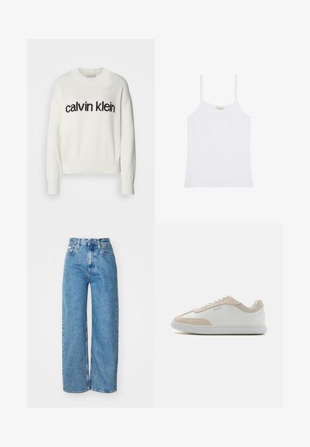 Biely pletený sveter s okrúhlym výstrihom a dlhými rukávmi, na prsiach s čiernym logom "calvin klein". Mäkka textúra, skrátený strih.; Biele dámske tielko Calvin Klein s tenkými ramienkami a jednoduchým, priliehavým dizajnom.; Svetlo modré riflové nohavice s širokými nohavicami a vysokým pásom, roztrhnutým okrajom a dizajnom s piatimi vreckami. Zničená textúra pridáva hĺbku látke.; Biele kožené tenisky s béžovými semišovými akcentmi a bielymi šnúrkami. Majú okrúhlu špičku a mäkkú podrážku pre pohodlie.