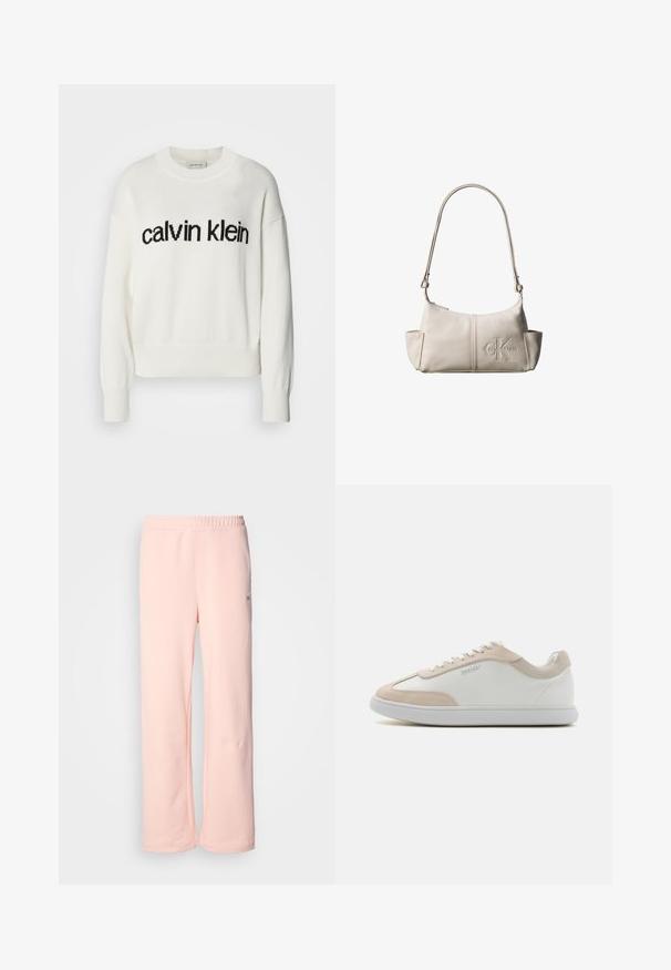 Valge kudum, millel on ümmargune kaelus ja pikad varrukad, ees must "calvin klein" logo. Pehme tekstuur, lühike lõige.; Roosa puuvillane dressipüksid laia sääre disainiga, elastse vöökoht ja minimaalsedõmblused. Küljel on väike logo silt.; Valged nahast tennisekad koos beežide soeakentega ja valgetest lipsudest. Omab ümarat varvaski ja pehmendatud tallatootet mugavuse tagamiseks.; Väike beežist nahast õlakott reguleeritava rihmaga ja esiküljel keskel reljeefsete Calvin Kleini logodega.