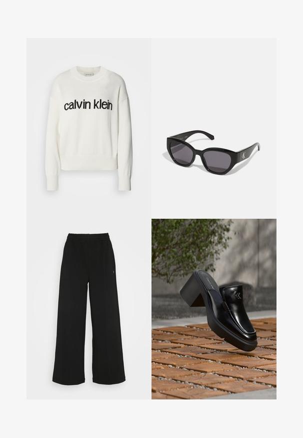 Weißer Strickpullover mit rundem Ausschnitt und langen Ärmeln, ausgestattet mit einem schwarzen "calvin klein" Logo auf der Brust. Weiche Textur, cropped Schnitt.; Schwarze weit geschnittene Hose mit einem elastischen Bund. Hergestellt aus einem weichen, leichten Material. Mit vertikalen Nähten an der Vorderseite.; Schwarze Leder-Slip-on-Mule von Calvin Klein mit Blockabsatz, die auf Holzfliesen im Freien nahe einer grünen Pflanze und einer grauen Wand ruht.; Schwarze Sonnenbrille mit einem schlanken, kantigen Design, dunklen Gläsern und einem kontrastierenden silbernen Logo an der Seite. Glatte Kunststoffoberfläche.