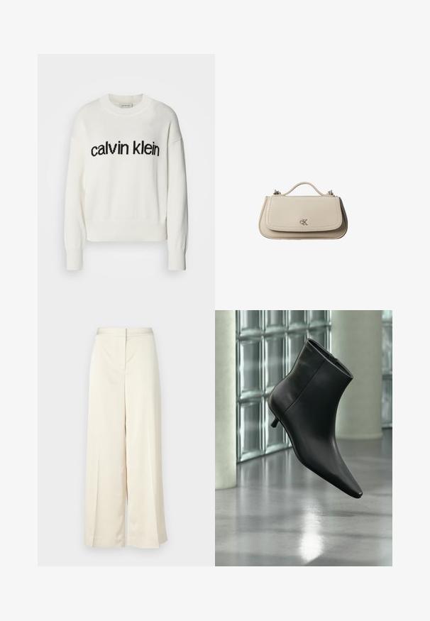Biely pletený sveter s okrúhlym výstrihom a dlhými rukávmi, na prsiach s čiernym logom "calvin klein". Mäkka textúra, skrátený strih.; Nohavice s širokými nohavicami v krémovej farbe, vyrobené z hladkej tkaniny. Majú plochý predný pás, záhyby pozdĺž nohavíc a uvoľnený strih.; Čierna kožená členková čižma so špicatou špičkou a nízkym kitten podpätkom, zobrazená šikmo na pozadí leštenej podlahy a steny zo sklenených blokov.; Malá béžová kožená kabelka s horným držadlom a strieborným logom CK na prednej chlopni, zobrazená na bielom pozadí.