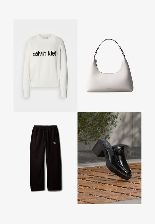 Valge kudum, millel on ümmargune kaelus ja pikad varrukad, ees must "calvin klein" logo. Pehme tekstuur, lühike lõige.; Mustad laiade säärega püksid elastse vöökohaga ja küljetaskutega, millel on väike Calvin Kleini logoga plaastriga paremal reiel.; Mustast nahast Calvin Kleini slip-on mules, millel on plokk-konts, toetub puitplaatidele õues, lähedal rohelisele taimele ja hallile seinale.; Kreemjagu Calvin Kleini nahast õlakott kõverdatud ülaäärtega, hõbedase tõmblukuga ja tumepruuni reguleeritava rihmaga.