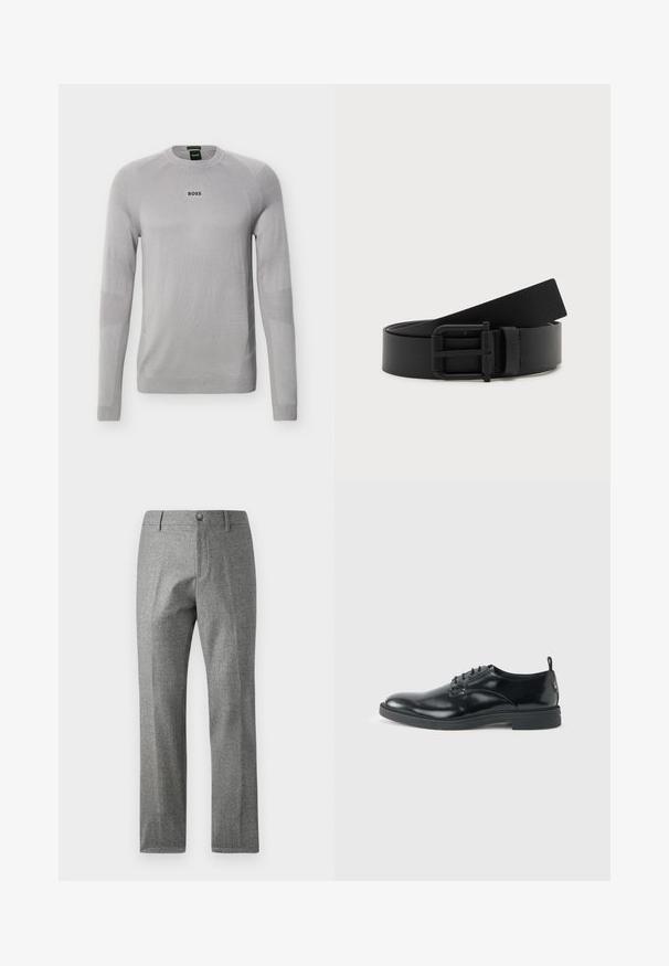 Suéter gris claro de manga larga con cuello redondo, detalles texturizados sutiles y logo negro "BOSS" centrado en el pecho.; Pantalones grises texturizados con un diseño de pierna recta, que presentan un cierre frontal con botón y cremallera. Detalle sutil de patrón de espiga.; Zapato de vestir negro de cuero brillante con tacón bajo, cierre de cordones y puntera redonda, mostrado de lado sobre un fondo claro y liso.; Cinturón de cuero negro enrollado con hebilla de metal negro mate sobre fondo blanco.