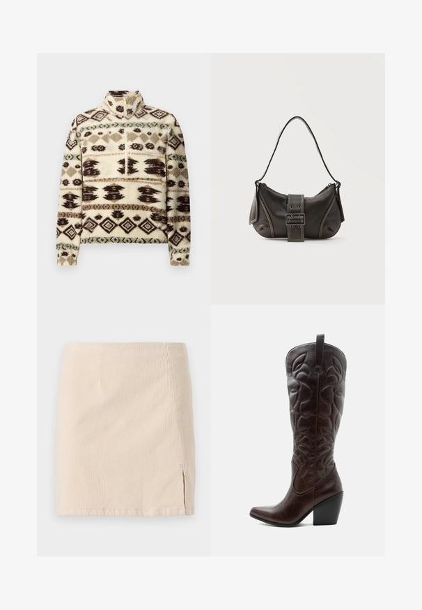 Pull en polaire doux avec fermeture éclair à mi-hauteur, col montant et motif géométrique marron, beige et vert clair sur fond crème.; Jupe mini en velours côtelé beige avec une texture à côtes verticales, dotée d'une fente sur le côté pour un détail supplémentaire. L'ourlet est droit et cousu de manière uniforme.; Botte de cowboy haute en cuir marron foncé avec motifs décoratifs cousus, bout pointu et talon bloc empilé.; Sac à épaule en cuir noir avec une sangle à boucle, des bords arrondis et des coutures blanches contrastées sur un fond uni.