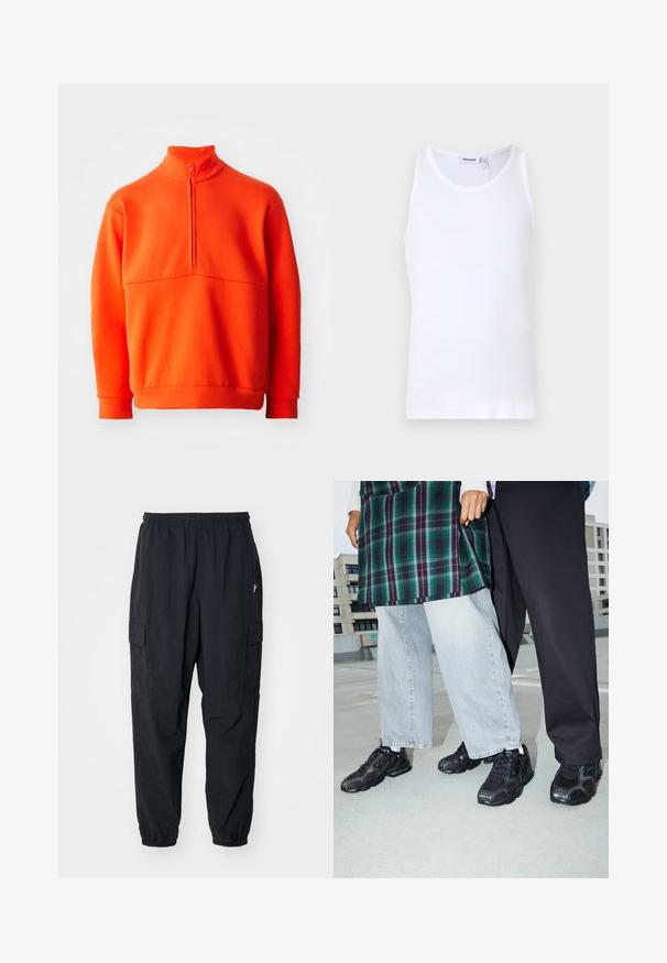 Oranž pullover sviiter kõrge kraega ja pool tõmblukuga. Omab ühtlast tekstuuri, pikki varrukaid ja sirget äärt.; Valge puuvillane top, millel on ümar kaelus ja laiad rihmad. Sile tekstuur, mustreid pole, puhas disain ja brändi silt kaeluses.; Mustad mustad püksid kergest materjalist, elastse vöökoha, küljetaskute ja lõdva istuvuse ning elastsete mansettidega.; Mustad mustad jalanõud, millel on võrkkangast ja kummist aktsendid. Kannab heledat halli laiade jalgadega teksapükse ja ruudulist rohelisest topi. Lame pind taust.