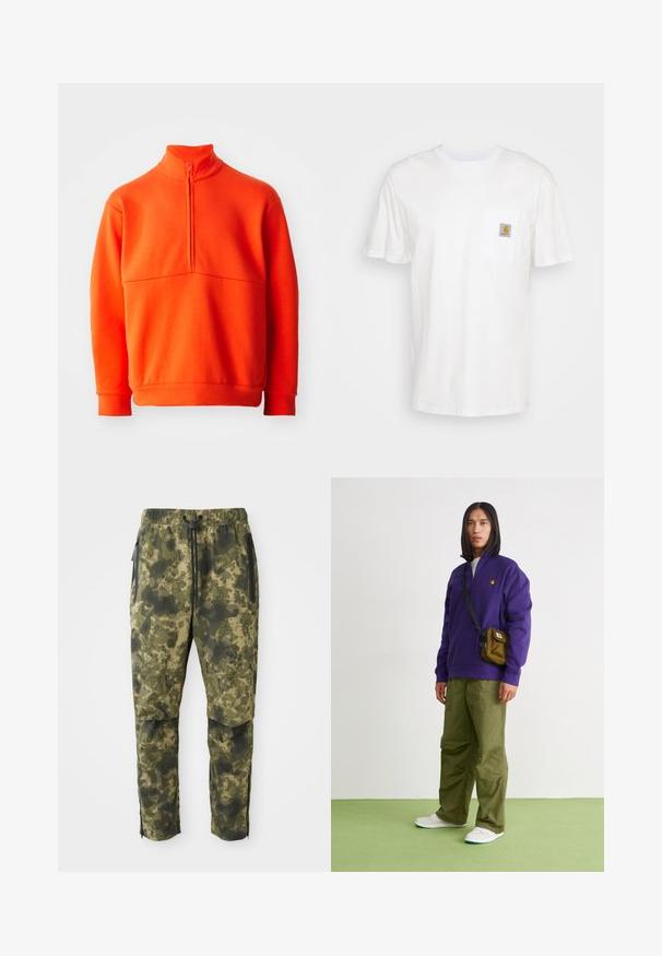 Orange pullover sweatshirt med høj krave og halv lynlås. Har en ensartet tekstur, lange ærmer og lige kant.; Hvid bomulds T-shirt med korte ærmer, en brystlomme, og et lille firkantet logo patch i orange og hvid på lommen.; Kamuflagebukser i forskellige nuancer af grøn med et digitalt mønster. Har elastisk talje, snor og sidelommer med lynlås.; Jordan AIR JORDAN 1 ZM CMFT 2 - Sneakers high - summit white/bicoastal/oxidized green