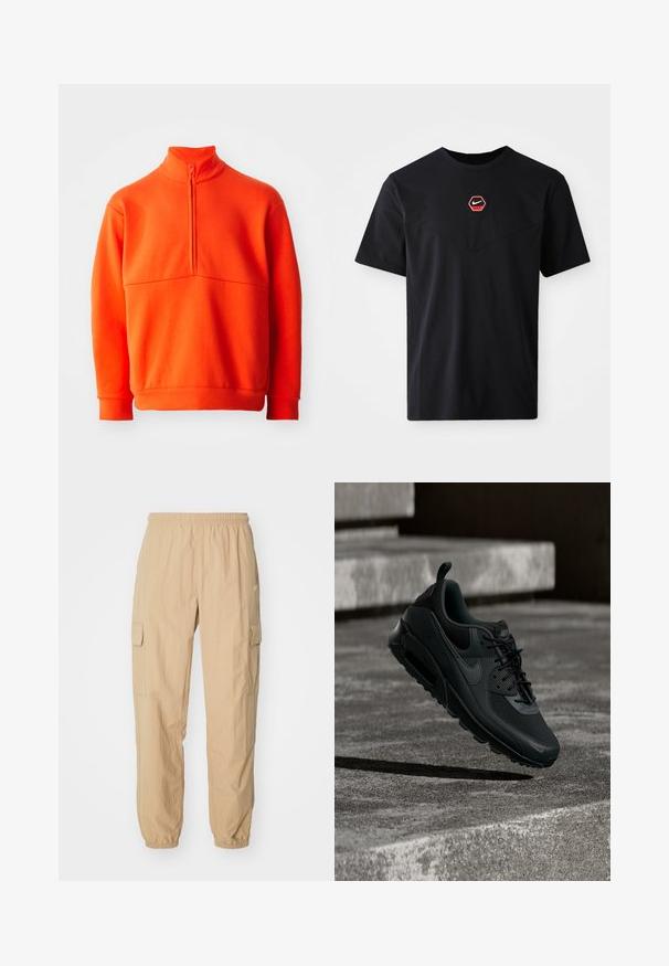 Orange pullover sweatshirt med høj krave og halv lynlås. Har en ensartet tekstur, lange ærmer og lige kant.; Sort kortærmet T-shirt i bomuld med et sekskantet rødt og hvidt Nike-logo på brystet og en rund halsudskæring.; Beige cargo bukser lavet af letvægtsstof, med elastisk talje, to sidelommer og elastiske manchetter ved anklerne.; Sort Nike Air Max sneaker svævende midt i luften over en tekstureret betonbund med betontrapper i baggrunden.