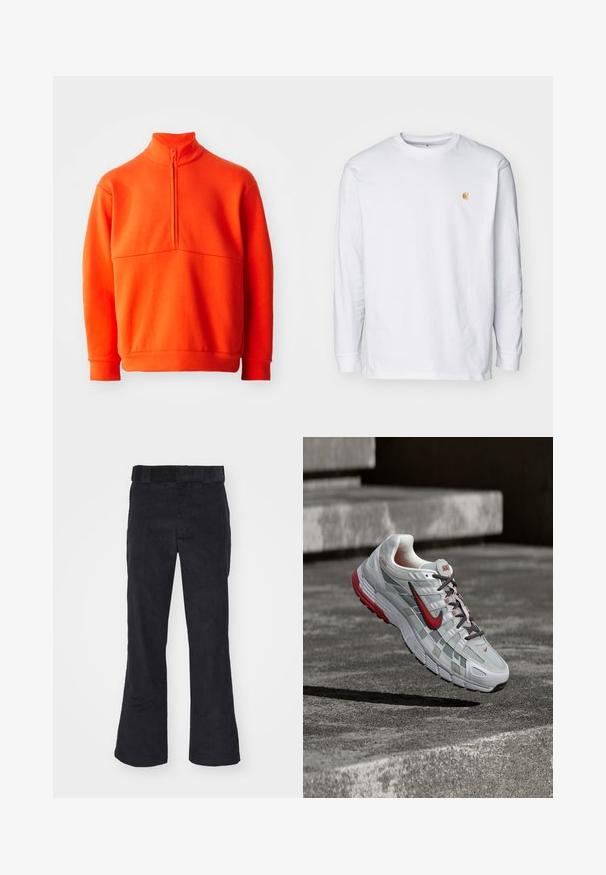 Orange pullover sweatshirt med høj krave og halv lynlås. Har en ensartet tekstur, lange ærmer og lige kant.; Hvid langærmet t-shirt lavet af bomuld. Har et lille gyldent logo på brystet og en rund halsudskæring. Enkel design og standard pasform.; Sorte kordfløjl bukser med en afslappet pasform, der har en klassisk talje og flagrende ben, blød tekstur og uden synlige mønstre eller detaljer.; Hvid og grå Nike løbesko med røde accenter og sorte snørebånd, ophængt over grå beton-trin.