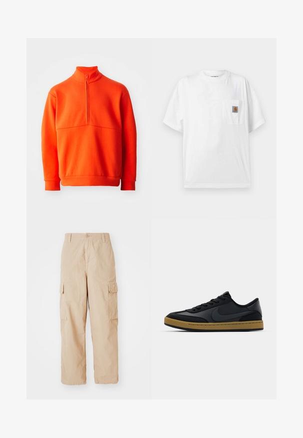 Orange pullover sweatshirt med høj krave og halv lynlås. Har en ensartet tekstur, lange ærmer og lige kant.; Hvid t-shirt med korte ærmer og rund hals med en brystlomme med et lille brunt og sort Carhartt-logo.; Beige cargo bukser med afslappet pasform, lavet af letvægtsstof, med to sidelommer og en knaplukning i taljen.; Sorte lædersneakers med lavt design, snørelukning, gummisål og gumfarvede detaljer. Har et sidelogot og strukturerede materialer.