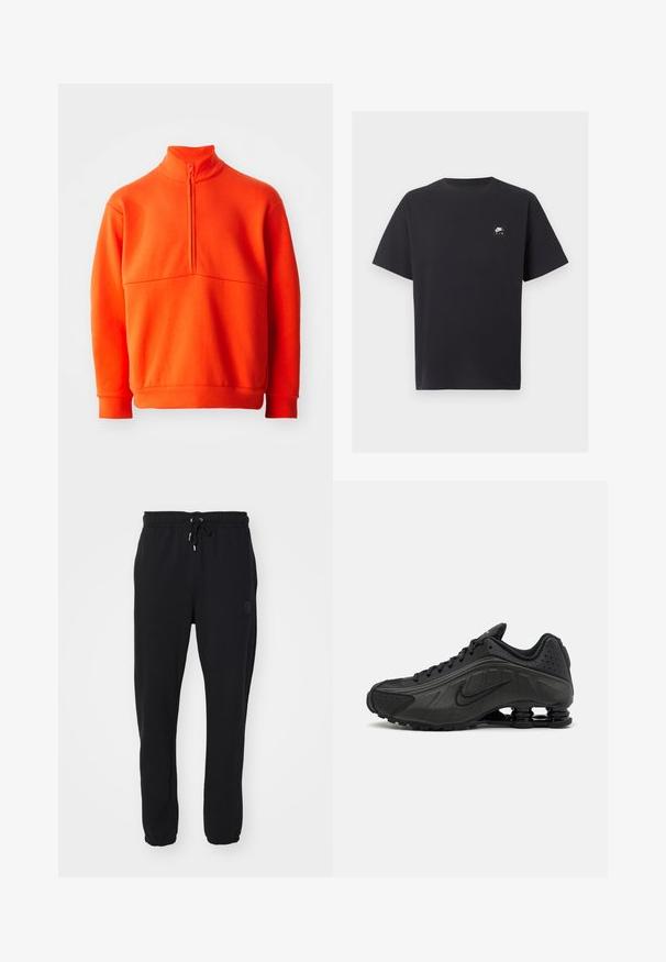 Oranž pullover sviiter kõrge kraega ja pool tõmblukuga. Omab ühtlast tekstuuri, pikki varrukaid ja sirget äärt.; Mustad lühikeste varrukatega Nike Air T-särk ümmarguse kaelusega ja vasakul rinnal väikese valge logoga.; Mustad mustad, millel on elastne vöökoht ja reguleeritav pael, mis on varustatud mansetiga pahkluude juures ja külgedel poleerimise logo.; Mustad mustat jooksujalad, millel on sile sünteetiline ülemus, perforatsioonid, tekstureeritud külgpaneelid ja eristuv elastne tall.