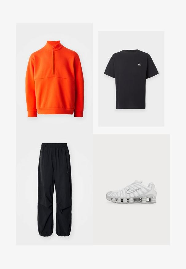 Oranž pullover sviiter kõrge kraega ja pool tõmblukuga. Omab ühtlast tekstuuri, pikki varrukaid ja sirget äärt.; Mustad lühikeste varrukatega Nike Air T-särk ümmarguse kaelusega ja vasakul rinnal väikese valge logoga.; Mustad mustad cargo püksid elastse vöökoha, külgzippide ja avarate taskutega. Omab laia lõiget ja kitsenevaid sääreotsasid.; Valge Nike jooksujalats nähtava õhupadjaga tallaga ja hõbedase Swooshi logoga küljel, nähtav välisküljelt.