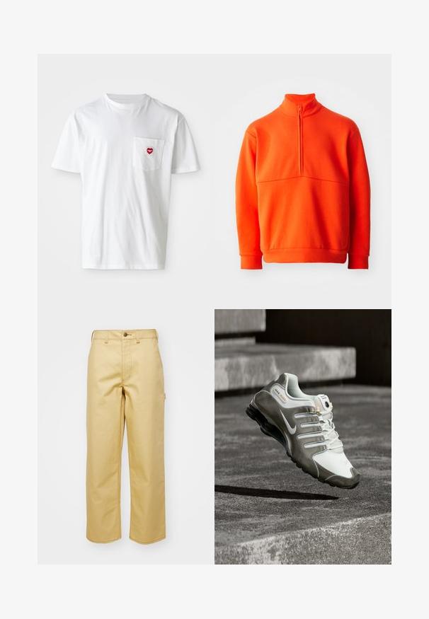 Orange pullover sweatshirt med høj krave og halv lynlås. Har en ensartet tekstur, lange ærmer og lige kant.; Hvid bomulds T-shirt med rund halsudskæring og korte ærmer. Har et lille rødt hjerte-logo på venstre brystlomme.; Beige, vidde bukser lavet af bomuld med frontknaplukning, bæltestropper og sidelommer. Glat tekstur med synlige syninger.; Hvid og grå Nike Shox sneaker med sort sål svævende over betontrin i blødt naturligt lys.