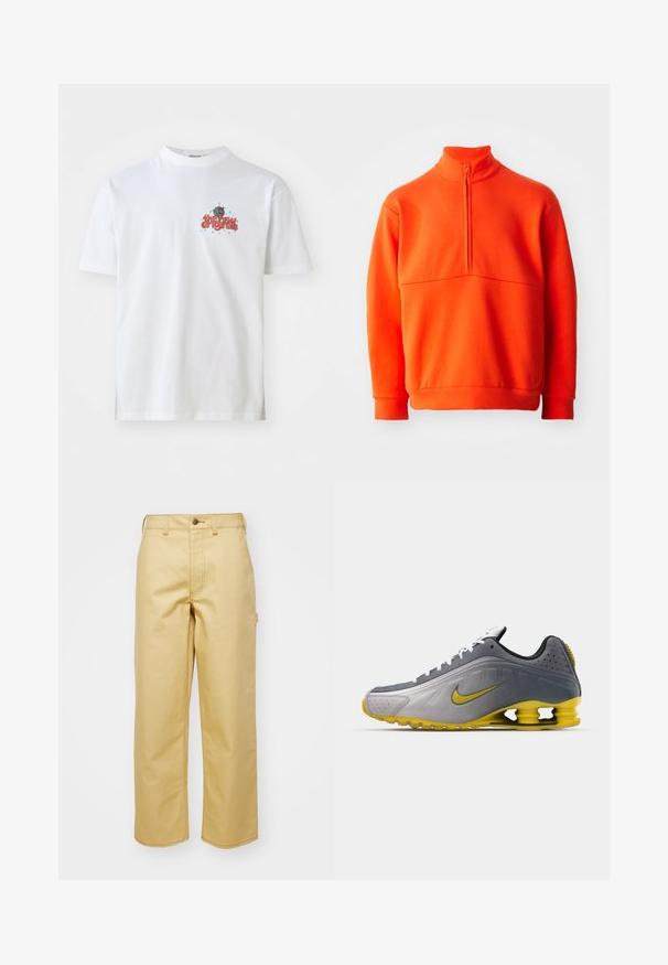 Oranž pullover sviiter kõrge kraega ja pool tõmblukuga. Omab ühtlast tekstuuri, pikki varrukaid ja sirget äärt.; Valge puuvillane t-särk, millel on "the new originals" tekstigraafika punases värvuses koos siniste tähtedega, ümmargune kaelus ja lühikesed varrukad.; Beez, laiad säärega puuvillased püksid ees oleva nupuga kinnitusega, vöökohaga ja küljetaskutega. Sile tekstuur nähtava õmbluse detailidega.; Nike Sportswear SHOX R4 SE UNISEX - Tossud - vast grey/bright citron/light graphite/smoke grey/white/black