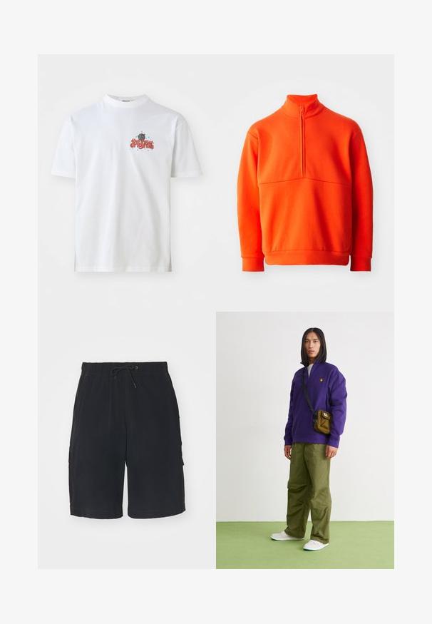 Orange pullover sweatshirt med høj krave og halv lynlås. Har en ensartet tekstur, lange ærmer og lige kant.; Hvid bomulds t-shirt med teksten "the new originals" i rødt og blå stjerner, rund hals og korte ærmer.; Sorte cargo shorts med elastisk talje, snøring, sidelommer og kontrastsyning. Fremstillet af letvægtsstof.; Jordan AIR JORDAN 1 ZM CMFT 2 - Sneakers high - summit white/bicoastal/oxidized green
