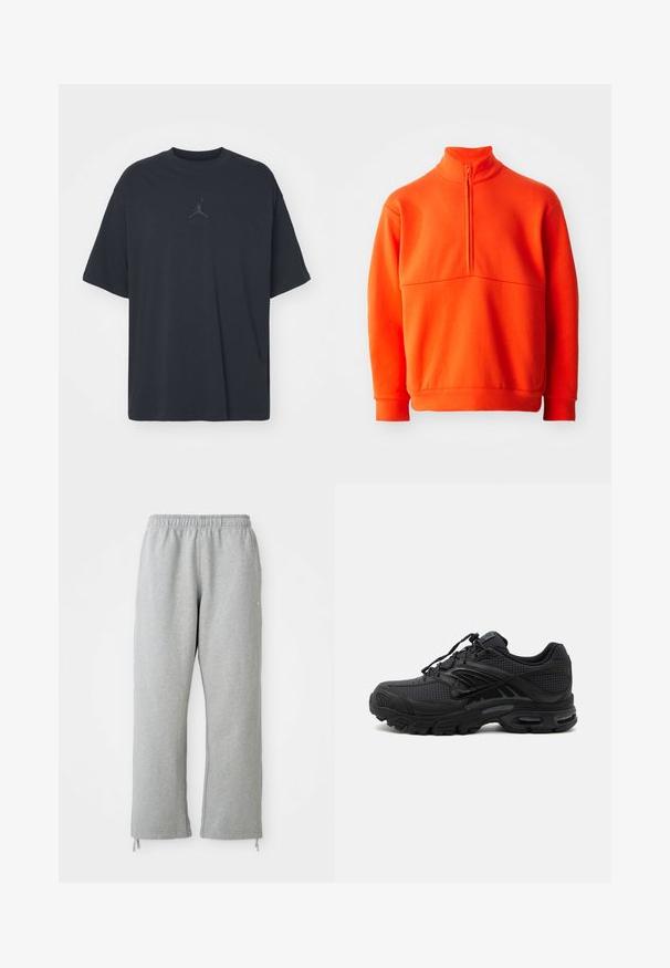 Orange pullover sweatshirt med høj krave og halv lynlås. Har en ensartet tekstur, lange ærmer og lige kant.; Sort bomuld T-shirt med løs pasform, rund hals, korte ærmer, med et diskret logo og teksten "AIR" over logoet i centrum.; Grå sweatpants med elastisk talje, lige ben og snoretræk ved kanten. Fremstillet af blødt, struktureret stof.; Sort atletisk sneaker med tekstureret stof, tyk polstret sål, luftventiler og snørelukning, vist fra siden på en lys baggrund.