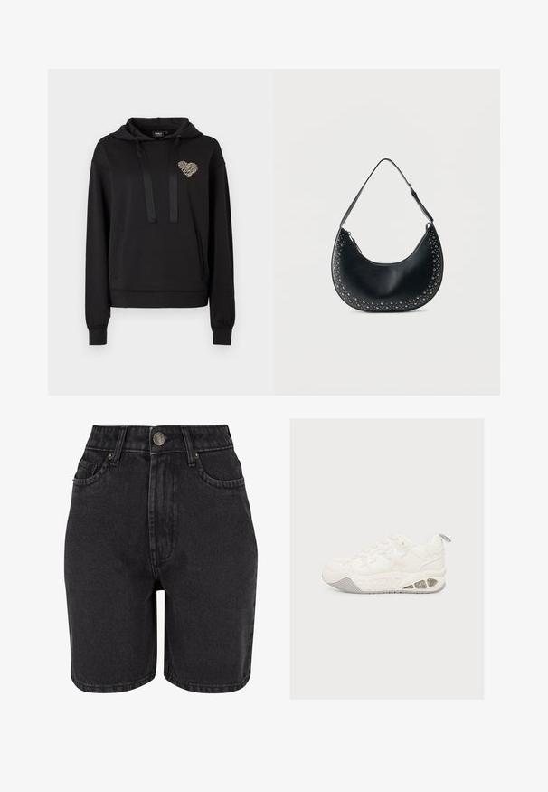 Schwarzer Hoodie aus weichem Stoff mit einer Vordertasche, verstellbaren Kordeln und einem herzförmigen Leopardenmuster-Detail auf der Brust.; Schwarze Denim-Shorts mit hoher Taille, Fünf-Taschen-Design und Metallknopfverschluss. Der Stoff hat eine glatte Textur mit dezentem Verblassen.; Weißer klobiger Sneaker mit Sternmustern, strukturierter Sohle, sichtbarem Luftpolster in der Ferse und Zuglasche hinten.; Schwarze Mondförmige Lederschultertasche mit silbernen Nieten entlang der Kanten und verstellbarem Riemen auf weißem Hintergrund.