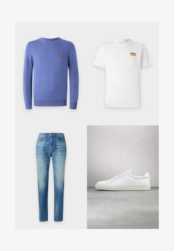 Lichtblauwe trui van gladde stof met een ronde halslijn. Heeft een klein gouden embleem op de borst en ribgebreide manchetten en zoom.; Witte katoenen t-shirt met ronde hals, korte mouwen en een kleurrijk ovaal logo op de linkerborst met blauwe, gele en rode accenten.; Lichtblauwe denim jeans met een rechte pijp, voorzien van een hoge taille, subtiele vervaging en klassieke vijf-pocket stijl. Metalen knoopsluiting.; Witte sneaker met een gladlederen bovenwerk en een laag profiel. Voorzien van een ronde neus, zes vetergaatjes en een gestructureerde rubberen zool.