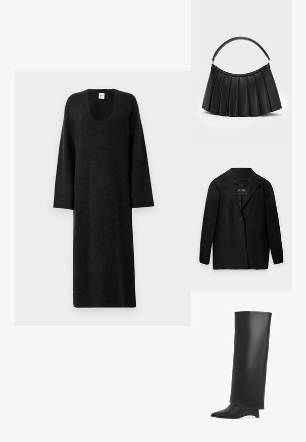 Sort blazer lavet af genanvendt stof med hakket revers, enkelt knaplukning og lange ærmer. Tekstureret overflade med synlige fnugpartikler.; Lang sort strikket kjole med lange ærmer og en rund halsudskæring, præsenteret fladt på en hvid baggrund.; Sort knælang støvle lavet af glat læder, med spids tå og trekantet hæl. Designet med en strømlinet, glat overdel.; Sort plisseret håndtaske lavet af syntetisk læder, med et buet håndtag og lynlåslukning i toppen. Glat tekstur med struktureret design.