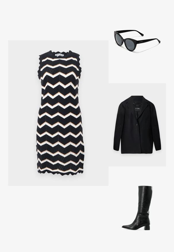 Sort blazer lavet af genanvendt stof med hakket revers, enkelt knaplukning og lange ærmer. Tekstureret overflade med synlige fnugpartikler.; Ærmeløs sort strikket kjole med hvide og beige zigzag-striber, bølgede kanter og DKNY Jeans-mærke ved nakken.; Sorte læder knæ-høje støvler med spids tå og tekstureret overflade. Har en firkantet blokhæl og et elegant, tætsiddende design.; Kattøje-solbriller med sorte plastrammer, grå tonede linser og glat overflade. Har logo på venstre arm og buede stænger.