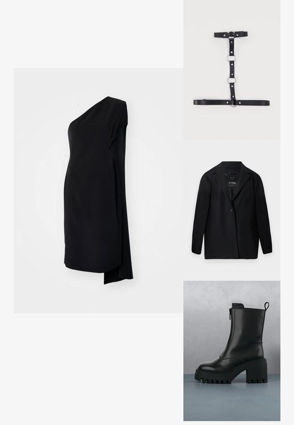 Sort blazer lavet af genanvendt stof med hakket revers, enkelt knaplukning og lange ærmer. Tekstureret overflade med synlige fnugpartikler.; Sort asymmetrisk kjole med én skulder, lavet af glat stof, med en draperet design og en sideslids for ekstra detaljer.; Sorte læder ankelstøvler med kraftig sål, blokhæl, lynlås i siden og trækflap bagpå på en ensfarvet hvid baggrund.; Sort sele i kunstlæder med sølvfarvede metalkrøller og nitter, med justerbare stropper arrangeret i et lodret og vandret mønster.