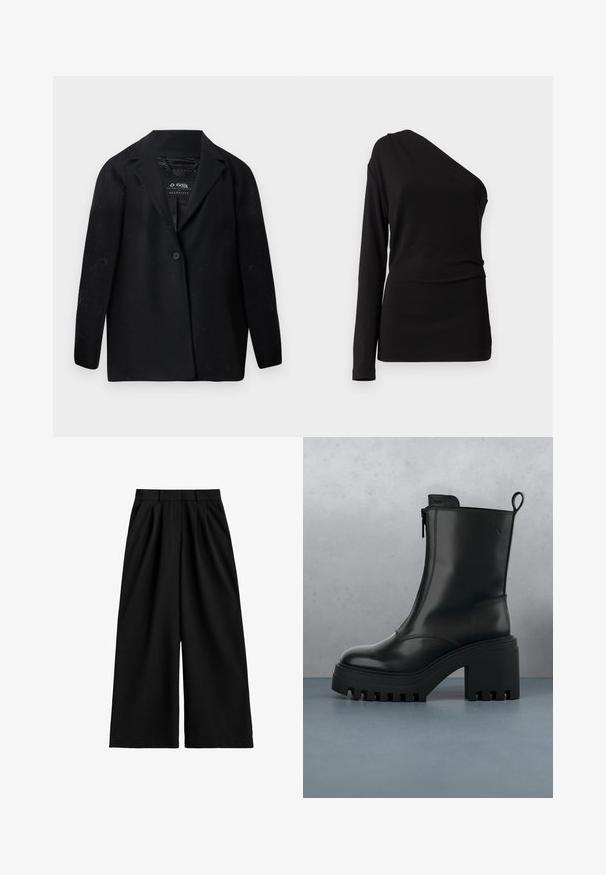 Zwarte blazer van gerecyclede stof, voorzien van een notch-revers, enkele knoopsluiting en lange mouwen. Textuuropppervlak met zichtbare pluisdeeltjes.; Zwarte langemouwen top met een asymmetrische halslijn, een soepele textuur en een getailleerde silhoët. Geen zichtbare patronen of versieringen.; Zwarte wijduitlopende broek met hoge taille, riemlussen, voorplooien en een nette, gladde stofafwerking.; Zwarte leren enkelboot met stevige zool, blokhak, rits aan de zijkant en een trekloop achterop op een effen witte achtergrond.