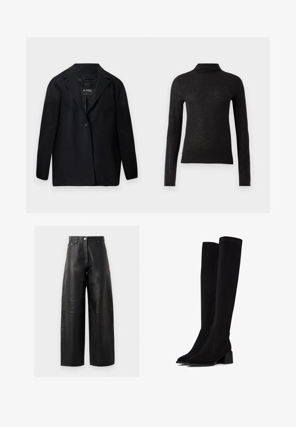 Sort blazer lavet af genanvendt stof med hakket revers, enkelt knaplukning og lange ærmer. Tekstureret overflade med synlige fnugpartikler.; Sort langærmet turtleneck top lavet af et struktureret materiale, med en tætsiddende pasform og minimalistisk design uden synlige mønstre eller metaldele.; Sorte læder bredbenede bukser med høj talje, forlommer og subtile syninger. Den glatte tekstur forbedrer designet.; Sorte over-kneeboots lavet af blødt, tekstureret materiale. Har en blokhæl, spids tå og synlige sømdetaljer.