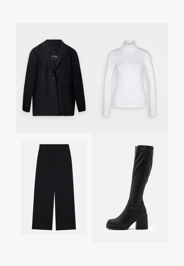 Sort blazer lavet af genanvendt stof med hakket revers, enkelt knaplukning og lange ærmer. Tekstureret overflade med synlige fnugpartikler.; Hvid langærmet mærket skjorte lavet af et glat, strækbart stof. Har en tætsiddende pasform og en høj krave. Ingen synlige mønstre eller detaljer.; Breddebenede sorte bukser lavet af et glat stof. Har en flad talje med bæltestropper og ingen synlige lommer. Simpelt design.; Sorte knæhøje støvler lavet af glat syntetisk materiale, med en tyk blokhæl og strømlinet design med elastisk top.