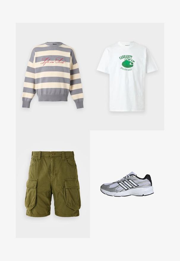 Jersey con cuello redondo con anchas franjas horizontales gris y crema, con texto en rojo "Lyle and Scott" en el pecho.; Camiseta blanca de manga corta con gráfico de rana verde sentada sobre una hoja de lirio y texto "Carhartt WIP por favor no chivéis" en la parte delantera.; Pantalones cortos cargo color verde oliva, confeccionados en una mezcla de algodón. Cuentan con dos grandes bolsillos laterales y un cierre de botón con trabillas para cinturón. Textura suave.; Zapatilla deportiva de malla en blanco y plata, con acentos en negro, logo de tres franjas blancas, cuello acolchado y suela de goma texturizada.