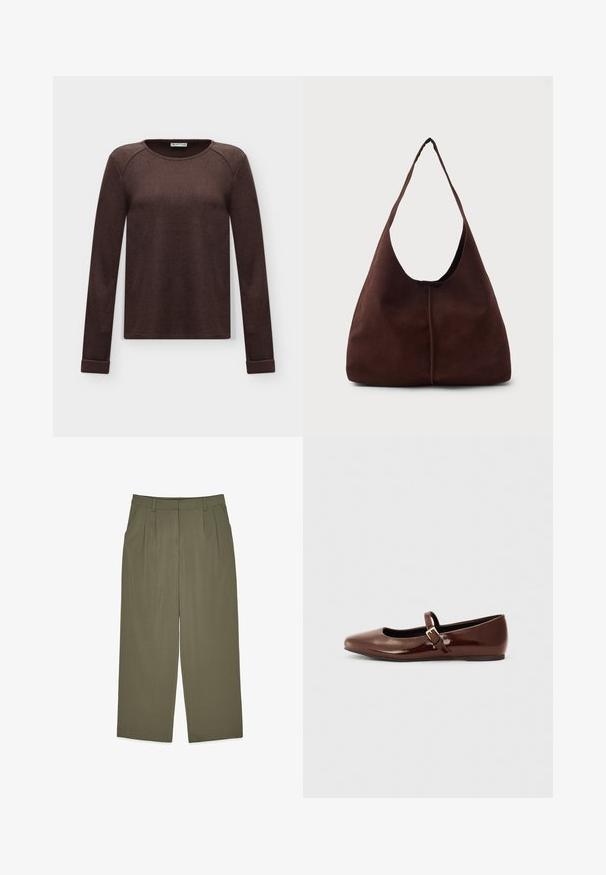 Dunkelbrauner, langärmliger, gerippter Strickpullover mit Rundhalsausschnitt und umgeschlagenen Bündchen, auf einem schlichten hellen Hintergrund dargestellt.; Olivgrüne High-Waist-Hosen mit Gürtelschlaufen, vorderen Falten, Seitentaschen und weitem Bein, flach auf weißem Hintergrund präsentiert.; Braune Lackleder-Ballerinas mit quadratischer Zehenform und Riemen mit einer kleinen goldenen Schnalle. Glatte Textur, niedriger Absatz und minimalistisches Design.; Braune Wildleder-Hobo-Tasche mit einer großen, geschwungenen Öffnung und einem breiten Schulterriemen. Sie verfügt über eine mittige Naht auf der Vorderseite. Glatte Textur.