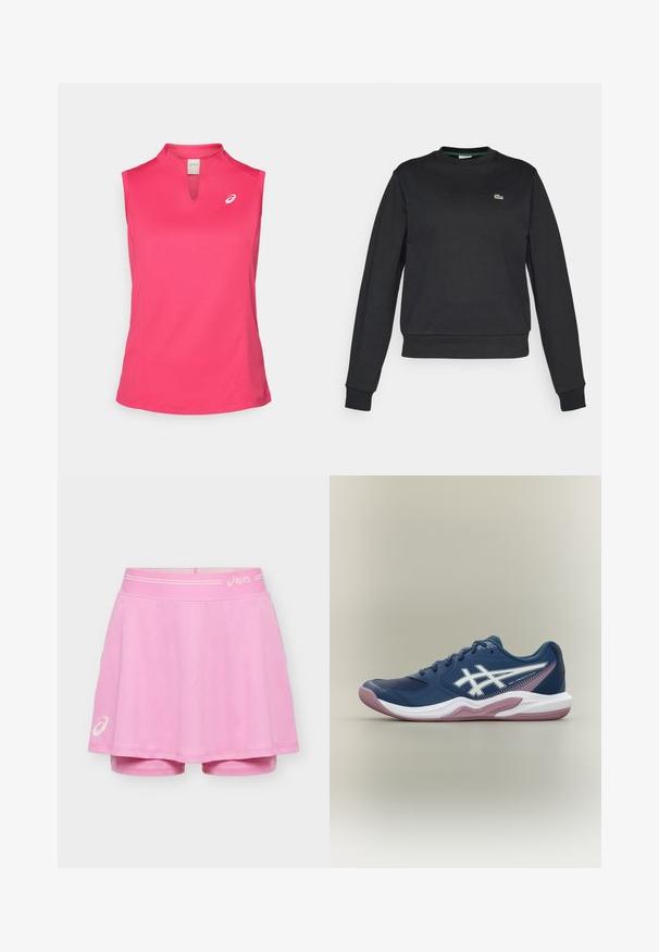 Schwarzer Langarm-Crewneck-Pullover mit kleinem grünen und weißen Krokodil-Logo auf der linken Brust, gerippten Bündchen und Saum.; ASICS COURT TANK - Top - bright rose; Pinkfarbener sportlicher Skort mit integrierten Shorts, mit ASICS-Logos am Bund und am linken Saum, dargestellt auf einfarbigem Hintergrund.; Marineblaue Sportschuh mit weißer und rosa Sohle, weißem Logo an der Seite, Schnürdesign und Mesh-Details an Zehen und Seiten.
