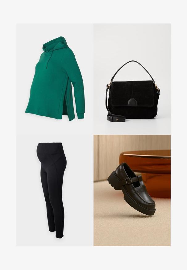 Haut de maternité vert avec capuche, fentes latérales, longues manches et texture douce. Comprend un cordon de serrage et une coupe décontractée pour plus de confort.; Leggings de maternité noirs avec une taille haute, fabriqués en matériau extensible. Présentent une texture lisse et un design ajusté pour le confort.; Chaussure à semelle épaisse en cuir noir avec une bride à boucle, présentée en lévitation au-dessus d'un tapis beige à côté d'une table ovale marron.; Sac à main en daim noir avec un accent en cuir, doté d'une fermeture à rabat, d'une poignée supérieure et d'une bandoulière réglable. Texture lisse, design minimaliste.
