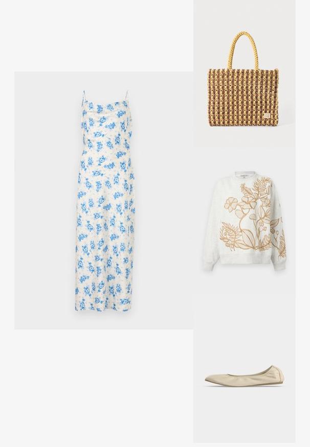 Sweat-shirt gris avec un motif floral brodé en or. Il présente un col rond ainsi que des poignets et un ourlet côtelés. Tissu doux et texturé.; Robe midi blanche sans manches avec imprimé floral bleu et fines bretelles, présentant un décolleté droit.; Ballerine beige en cuir souple avec bout arrondi, profil latéral bas et semelle fine en caoutchouc sur fond blanc uni.; Sac tissé marron et jaune, de forme rectangulaire, avec deux poignées, et une finition texturée avec des coutures visibles et une étiquette de marque.