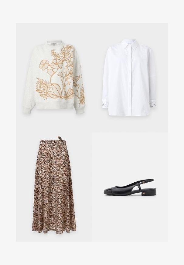 Sweat-shirt gris avec un motif floral brodé en or. Il présente un col rond ainsi que des poignets et un ourlet côtelés. Tissu doux et texturé.; Chemise blanche à boutons, manches longues et col. Les poignets sont ornés de bijoux décoratifs et d'un motif floral. Confectionnée en tissu opaque.; Jupe longue imprimé léopard en tissu léger. Comprend une taille à nouer, un design fluide et un ourlet qui tombe aux chevilles. Les tons terre dominent.; La chaussure slingback en cuir noir présente un bout arrondi, un petit talon carré et un design avec découpe latérale agrémenté d'un accent doré.