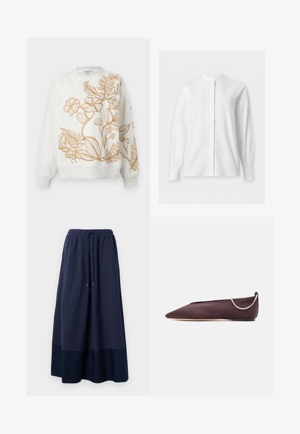 Grijze sweatshirt met goudkleurig geborduurd bloemenpatroon. Heeft een ronde halslijn en geribbelde manchetten en zoom. Zacht, gestructureerd stof.; Witte blouse met lange mouwen, mandarijnkraag en verborgen knoopsluiting, getoond op een effen witte achtergrond.; Navyblauwe maxi rok van zachte stof, met een elastische tailleband en een trekkoord, en een donkerdere blauwe paneel aan de zoom.; Donkerbruine platte schoen met puntige neus, lage hak en een zilveren rijglin met strassteentjes aan de achterkant.