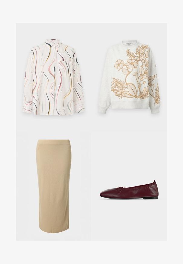 Sweat-shirt gris avec un motif floral brodé en or. Il présente un col rond ainsi que des poignets et un ourlet côtelés. Tissu doux et texturé.; Chemise blanche à manches longues, boutonnée, avec col et rayures verticales ondulées multicolores, avec une poche poitrine côté gauche.; Jupe midi droite beige avec une texture lisse et une taille haute ajustée.; Ballerine plate en cuir bordeaux avec bord supérieur élastique froncé et fine semelle noire sur fond blanc.